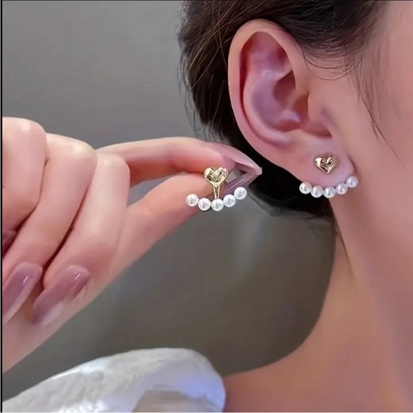 Jewelry - Gold Heart Pearl Ear Jacket Earrings - Elegant Women’s Jewelry
